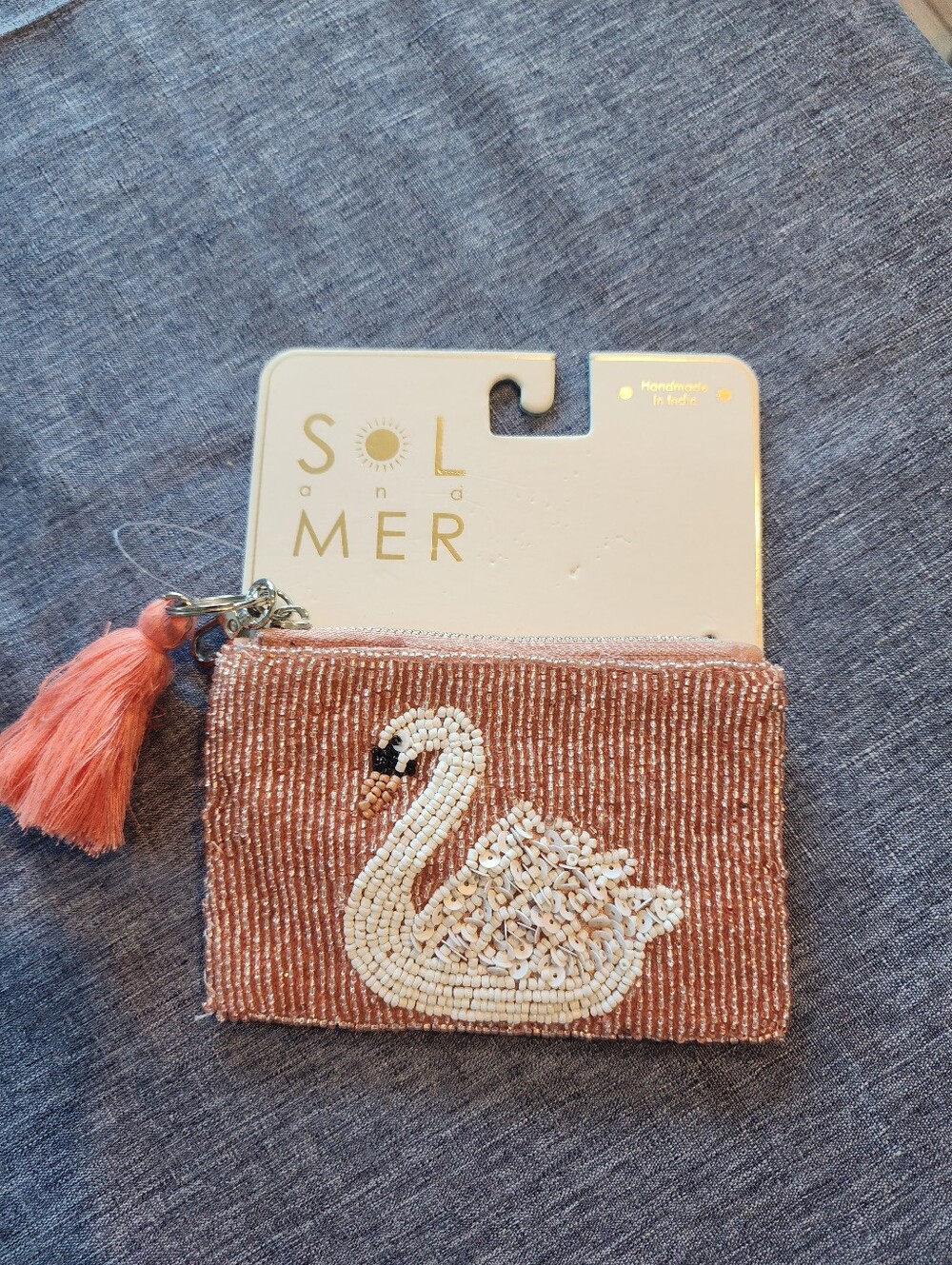 Sol and Mer Beaded Swan Coin Purse in Blush Pink and White with Tassel NWT